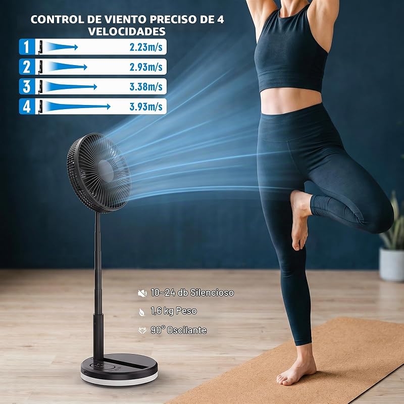 Ventilador de chão portátil dobrável e oscilante - 7,8" 16000mAh Ventoinhas de mesa pequenas USB C com comando remoto, Ventoinha Silent Pedestal para viagens em escritório de sono em casa