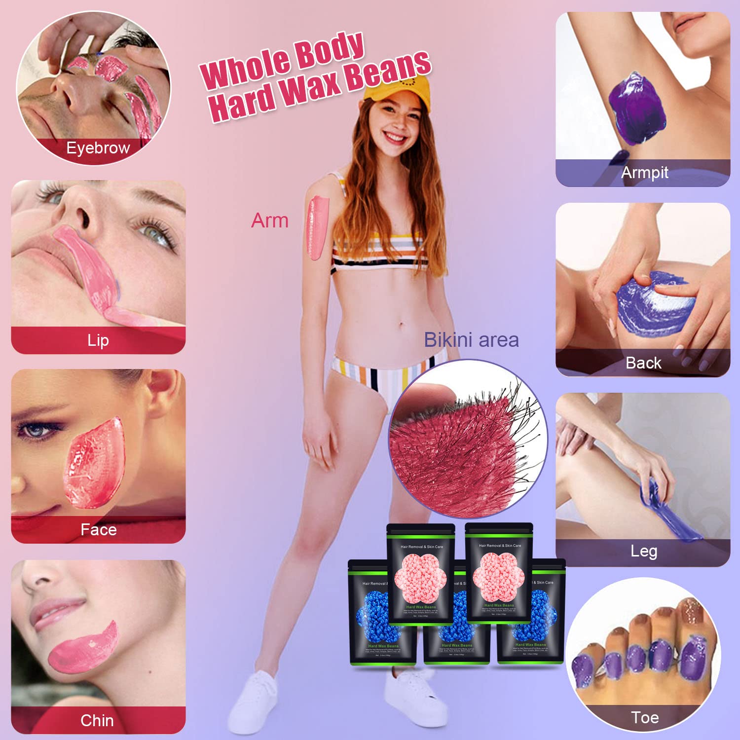 Wax Beads for Hair Removal 1.1 lb (17.6 oz), Hard Wax Waxing Beads Kit for Sensitive Skin Brazilian, Face, Bikini, Eyebrow, Legs, Painless for Women Men, 5 packs with 10 Sticks