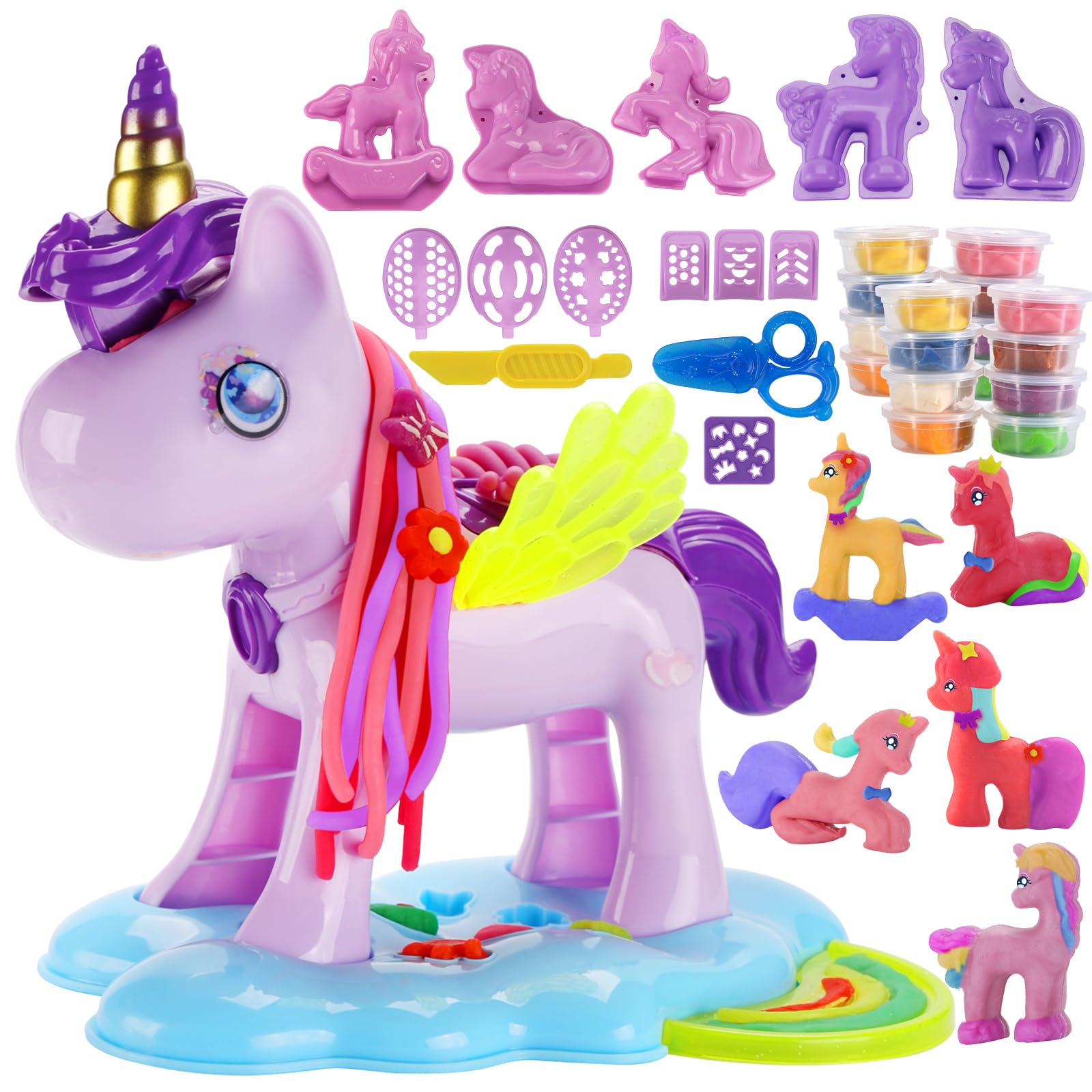 Crelloci Unicorn Play Color Dough Sets for Kids Ages 4-5, 36 PCS Dough Tools Kit for Toddlers Ages 3+, Unicorn Hair Salon Pretend Play Toys for Girls Birthday Gifts