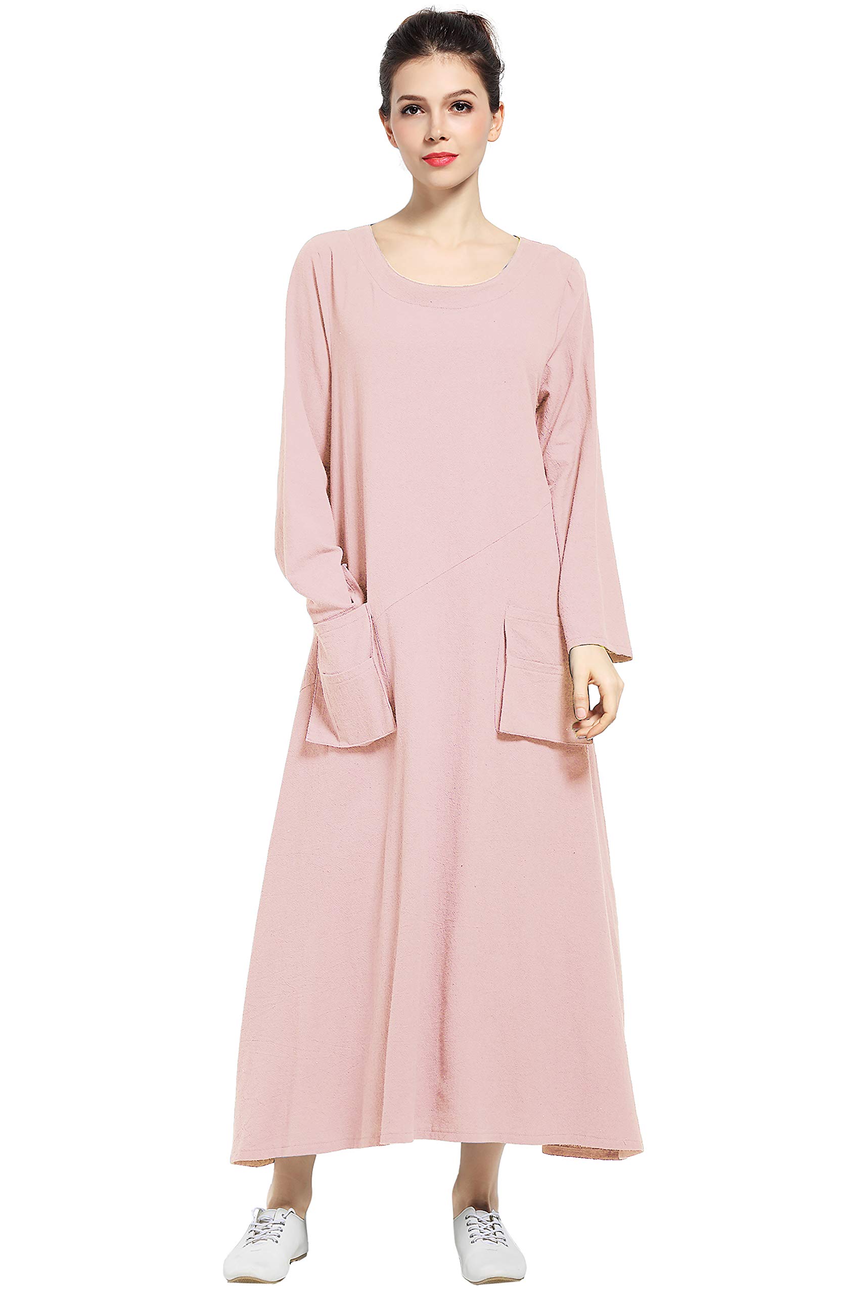 Anysize Spring Summer Dress Linen&Cotton Front Pockets Plus Size Dress