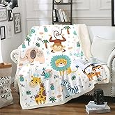 Feelyou Cartoon Jungle Animals Sherpa Blanket Boys Girls Teens Child Toddler Kids Safari Zoo Animals Fleece Throw Blanket Lion Tiger Monkey Giraffe Fuzzy Blanket for Sofa Bed Couch,Throw 50x60 Inches