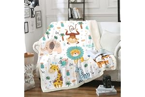 Feelyou Cartoon Jungle Animals Sherpa Blanket Boys Girls Teens Child Toddler Kids Safari Zoo Animals Fleece Throw Blanket Lio