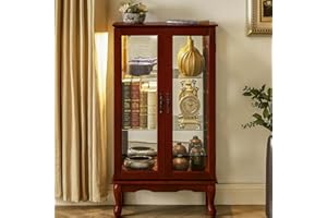 Anwick China Cabinet &Curio Cabinets with Glass Doors, Lighted Display Cabinet with Mirrored Back Panel, Tempered Glass and 3 Tiers Adjustable Shelves (Cherry)