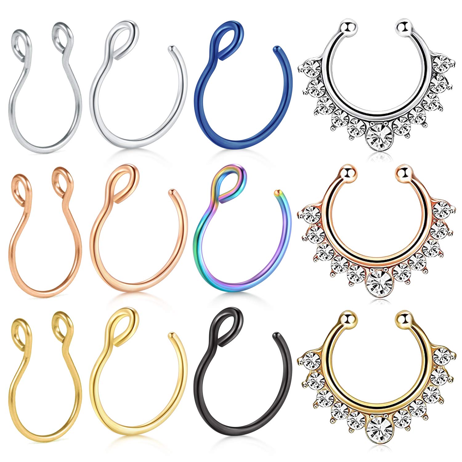 AceFun 14PCS Stainless Steel Fake Nose Rings Fake Suptum Ring Set for Men Wome Nose Cuff Non Piercing Cartilage Earrings Faux Body Piercing Jewelry