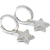 Women’s Silver Star Dangle Earrings – Cubic Zirconia Pave, Hoop Drop Design, Jewelry.KT0060