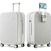 mixi Checked Luggage with Cup Phone Holder Hard Shell Rolling Travel Suitcase with Spinner Wheels,24 Inch Smoke White