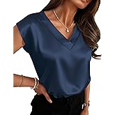 Zeagoo Women Silk Satin Tops Cap Short Sleeve Blouse Summer V Neck Shirts Business Casual Outfits