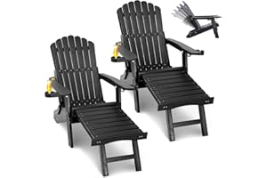 ZHUSI Folding Adirondack Chairs Set of 2 with Retractable Ottoman, Adjustable Adirondack Chair with 2 Cup Holders, Outdoor Chairs for Porch Patio Lawn Balcony Weather Resistant, Black