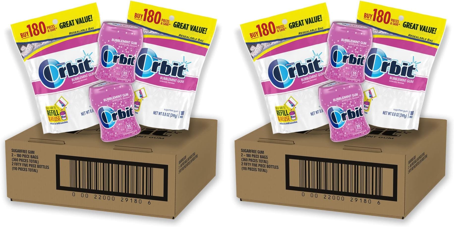 ORBIT Bubblemint Sugar-Free Chewing Gum Bulk Pack, 2 Bags - 180 Pieces & 2 Bottles - 55 Pieces Bubble Gum (Pack of 2) Image