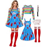 Women's Killer Doll Halloween Costume Set, Dress, Top, Socks, Prop Knife | Cold Shoulder Striped Top, Over The Knee Socks, Prop Knife, 6 Scar Tattoo Sheets, Cosplay Outfit Party