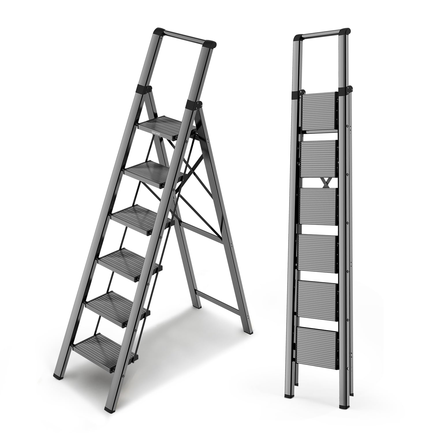 Photo 1 of WOA WOA 6 Step Ladder for 12 Feet High Ceiling, Lightweight Foldable Ladder with Non-Slip Wide Pedals, Stepladder with Safe Handrail, Space Saving for Home, Kitchen, Indoor & Outdoor 300lbs - Black