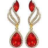 Womens Gold Plated Red Crystal Rhinestone Teardrop Dangle Earrings for Proms Weddings Party Gift