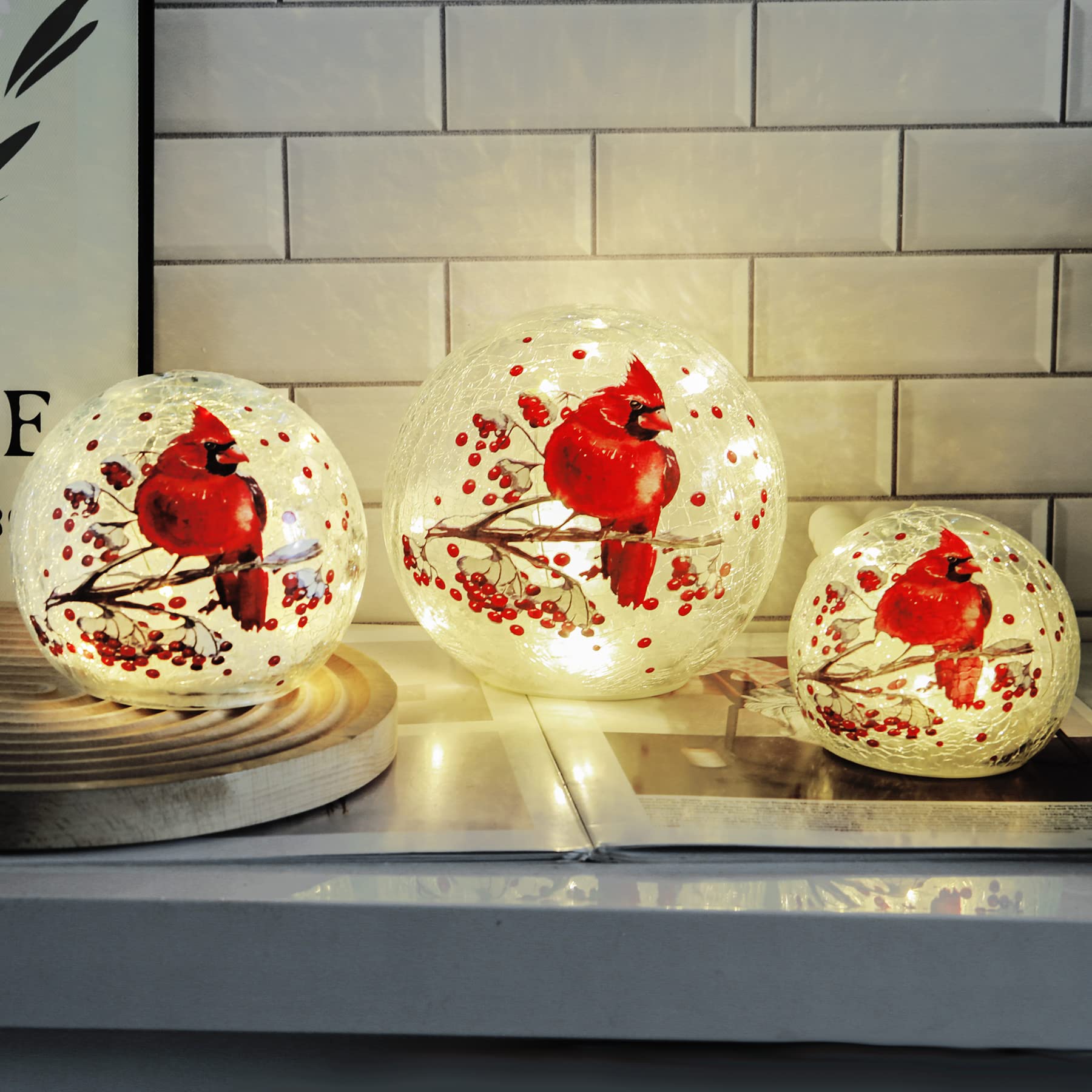 Photo 1 of Cordless Crackle Glass Ball Cardinal Lamp with Timer, Battery Operated Led Red Bird Stained Christmas Decor Accent Sphere Table Lamp, Mother's Day Gift, Lighted Orb Cardinal Globe Desk Night Light