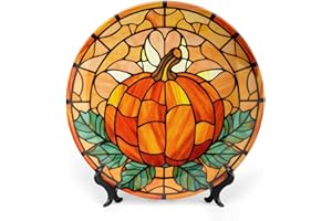 GOKAYS Thanksgiving Decorative Plates for Home Decor, Stained Glass Pumpkin & Leaves Decor Tray for Table Display, Ceramic Dinner Plate W/Stand, Living Room Dining Room Decor, Housewarming Gifts, 8 Inch
