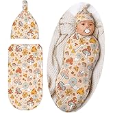 Cute Mushroom Swaddle Blanket Hat Set for Boys Girls, Soft Floral Newborn Swaddle Wrap Receiving Blanket Shower Gift