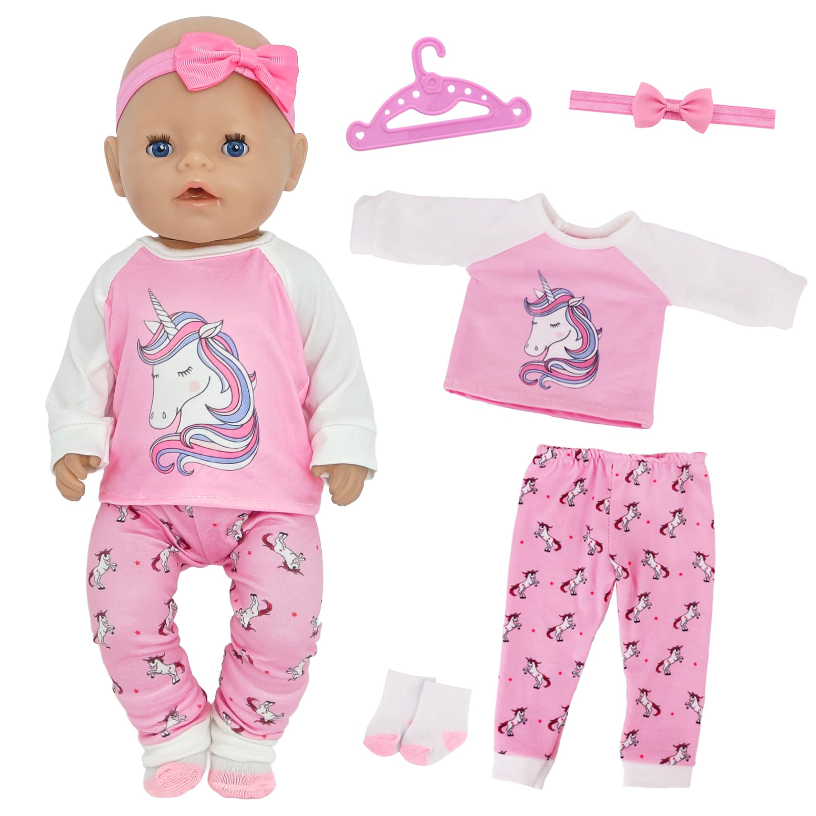 Baby Doll Clothes for 14-18 Inch Baby Doll, New Doll Clothes Outfits 30-45cm Accessories with 1 Animal Top 1 Pink Pants 1 Hairband 1 Hanger 1 Socks New Born Baby Dolls for Girls Friends Birthday Gifts