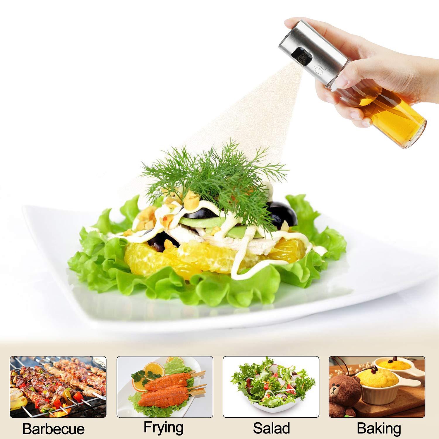 Oil Sprayer Dispenser Oil Spray Bottle Vinegar Sprayer/Dispenser with Plastic Funnel + Cleaning Brush Transparent Glass&Stainless Steel 100ml for BBQ,Frying,Baking,Salad