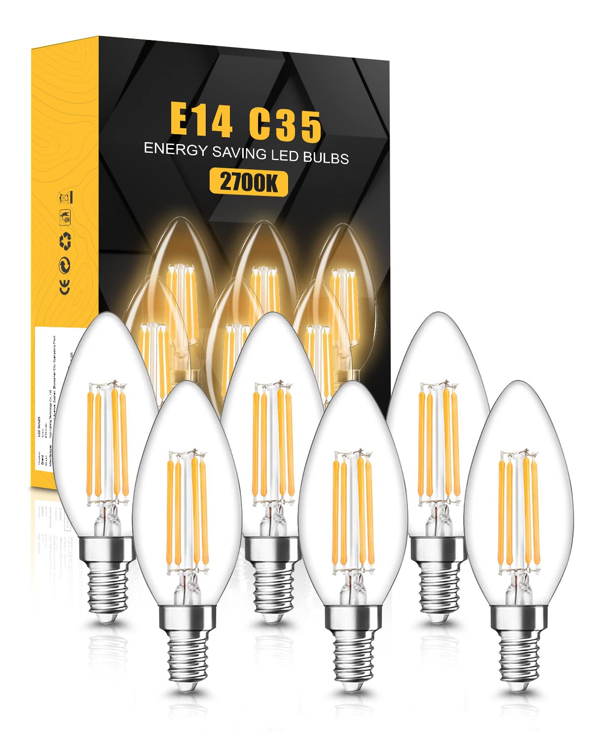 tuare E14 LED Light Bulb, 4W 400 Lumens E14 LED Light Bulb Warm White 2700K, 40W Equivalent SES Small Edison Screw Light Bulbs, CRI 80 Candle Bulb, Non Dimmable - Pack of 6 — image 1
