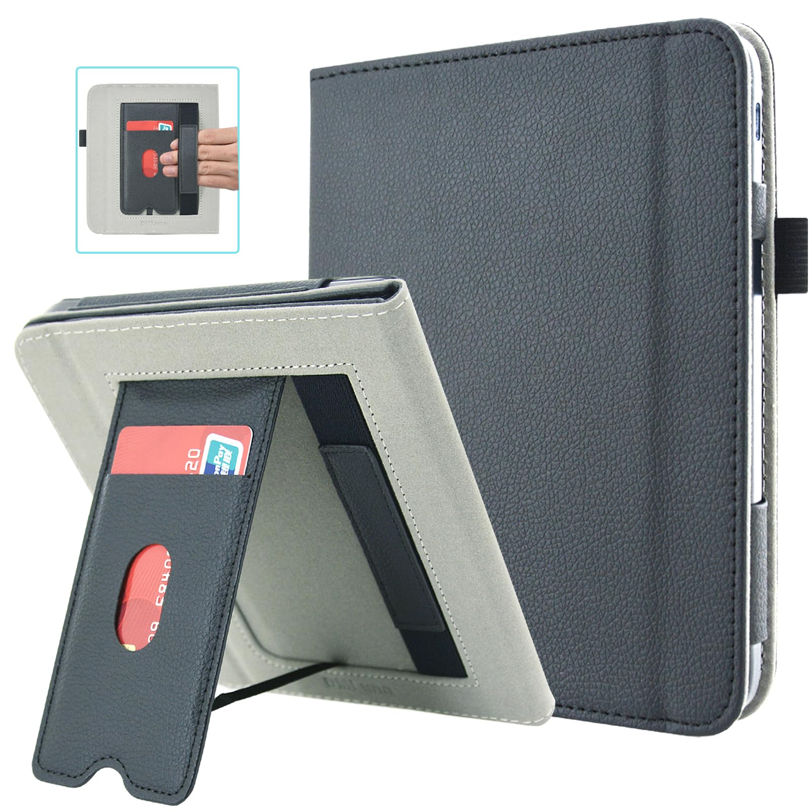 DMLuna Stand Case for Kobo Libra Colour (Model:N428, 2024 Release), Hands-Free Stand Lightweight Premium PU Leather Cover with Auto Sleep/Wake Function, Hand Strap and Card Slot, Black