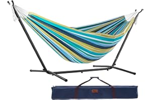 Vivere Double Cotton Hammock with Space Saving Steel Stand, Upgraded Polyester End Strings 450 lb Capacity - Premium Carry Bag Included - USA Grown Cotton (Cayo Reef)