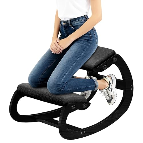 WUDLEP Kneeling Chair, Ergonomic Posture Chair, Wood Adjustable Rocking Knee with Soft Padding, Natural Relief for Neck or Back Pain for Home Office, Max Load 264 lb (Black)