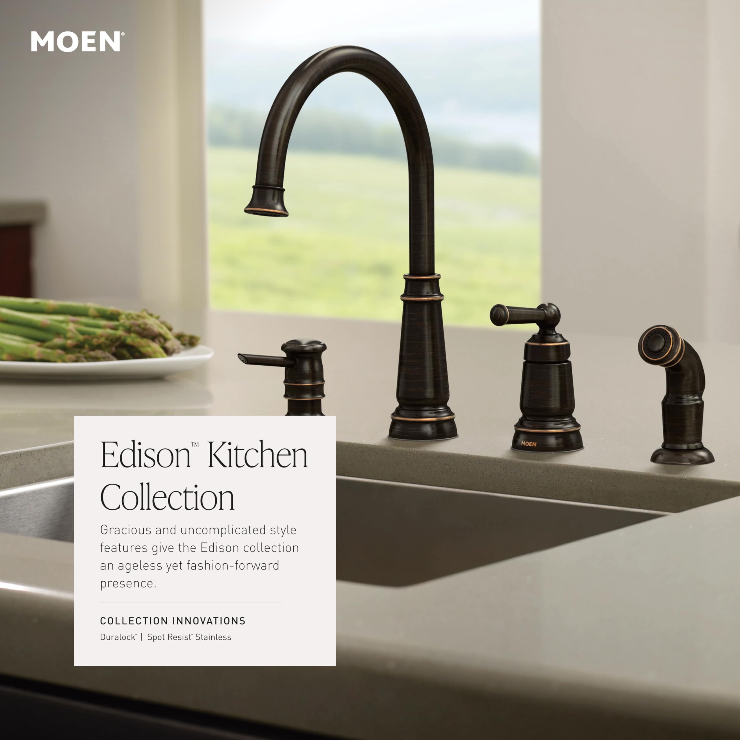 Moen 87042SRS Edison Spot Resist Stainless One-Handle High Arc 4-hole Kitchen Faucet with Side Sprayer and Soap Dispenser