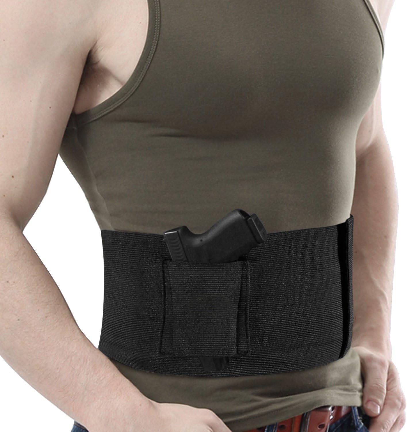 Belly Band Holster Concealed Carry Band Adjustable Tactical Elastic Concealment Abdominal Belt Waist Pistol Handgun Gun Holster With Dual Magazine Pouches - Fits Waist Sizes from 30” to 37”
