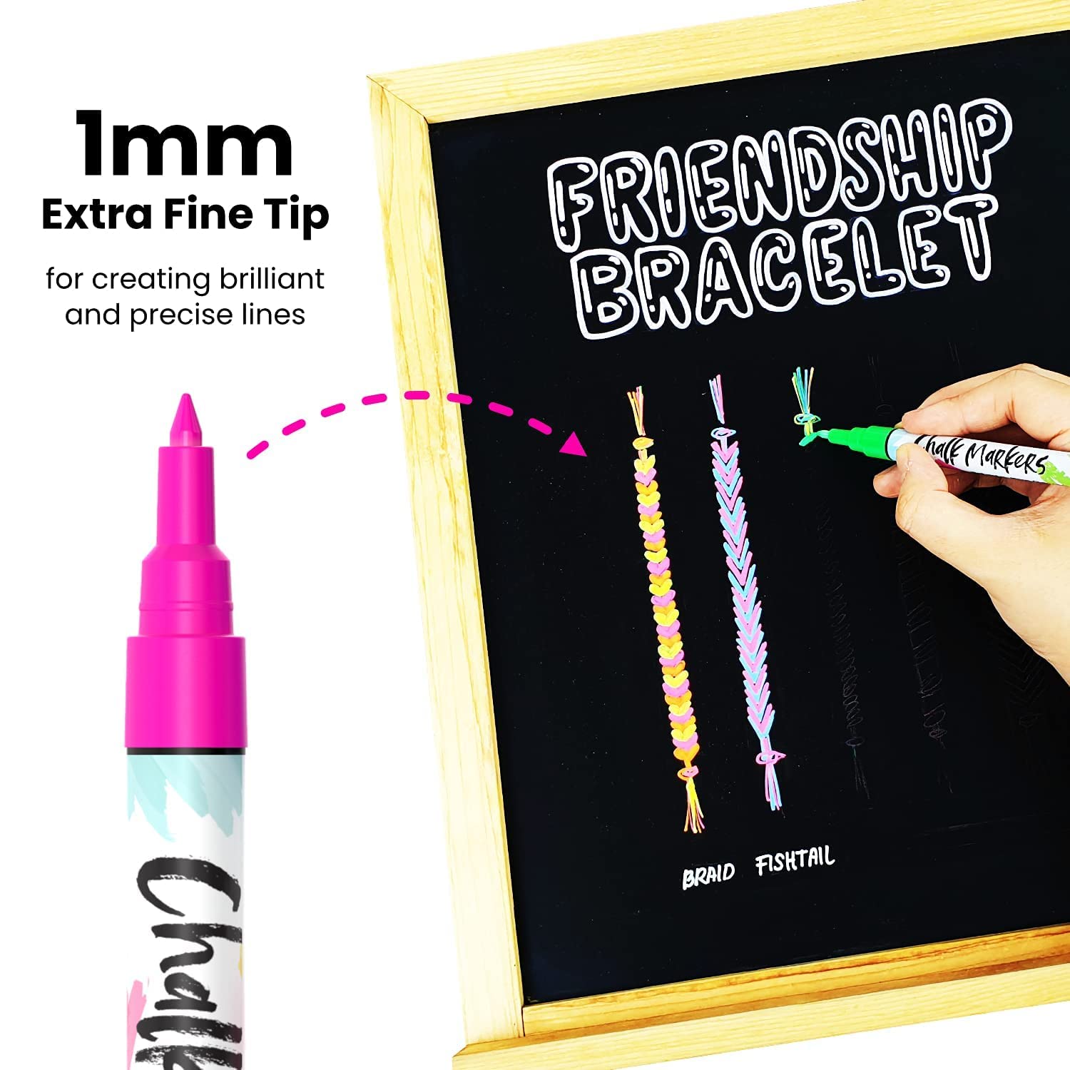 Chalk Markers Fine Tip (10 Pack, 1mm Extra Fine Point) - Neon Liquid Chalk Pens for Blackboards, Chalkboard, Bistro, Car Windows, Dry Erase Boards, Glass - Thin, Wet Erase, Erasable Chalkboard Markers