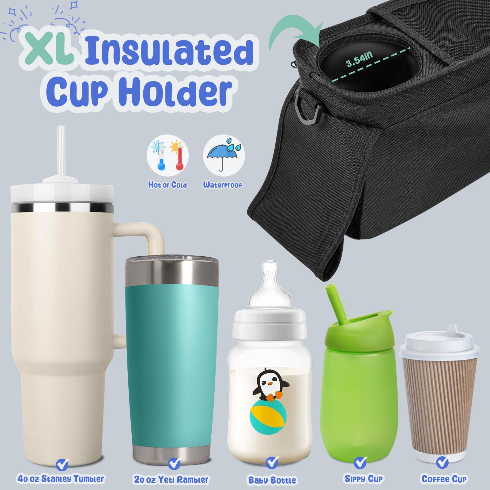 Universal Stroller Accessories, Fits for Stroller like Uppababy Baby Jogger Britax BOB Umbrella, Stroller Organizer with Insulated Cup Holder Detachable Phone Bag Shoulder Strap