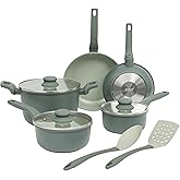 Gibson Home Barnsdall 10 Piece Premium PFA Free Ceramic Nonstick Pots and Pans Aluminum Induction Cookware Set W/Kitchen Tools - Sage Green/Grey Non Stick