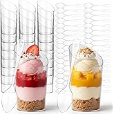 SHENLIU 100 Pack Mini Dessert Cups with Spoons, 3 oz Clear Plastic Dessert Shotter Cups Slanted Triangle Parfait Appetizer Cup Small Reusable Desserts Glasses for Tasting Mousse Pudding Trifle