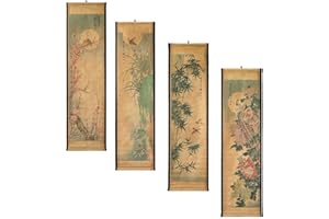 Wall Scroll Hanging Painting Decor, Chinese Traditional Art Set of 4 Vintage Flower Paintings Ancient Painting Replica, Plum 