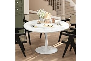 LTTROMAT 42 Inch Round Dining Table, White Marble Tulip Dining Table Tulip Table W/0.71" Thickness & Metal Pedestal Base for 4 to 6 People, Modern Round Kitchen Table Leisure Table Circle Coffee Table