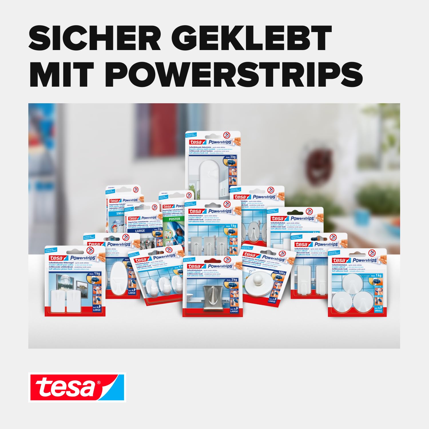 tesa Powerstrips transparent Deko - doppelseitige Klebestreifen für leichte Dekorationen, bis zu 1kg Haltekraft - selbstklebend 1kg 8 Powerstrips 7
