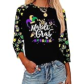 Mardi Gras Shirts for Women: Carnival Graphic 3/4 Sleeve New Orleans Mardi Gras Party Outfits Fat Tuesday Tops