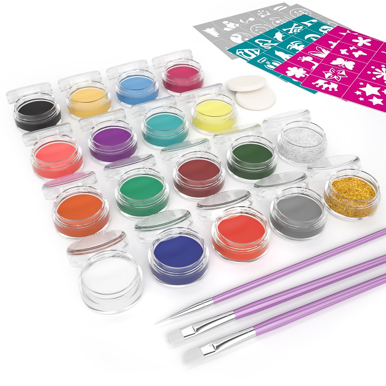 Face Paint Kit with 48 Stencils, Nicpro AQ Pro Body Painting Set of 16 Colors & 2 Glitters 3 Assorted Paint Brushes 2 Sponges Non-toxic Water-Based