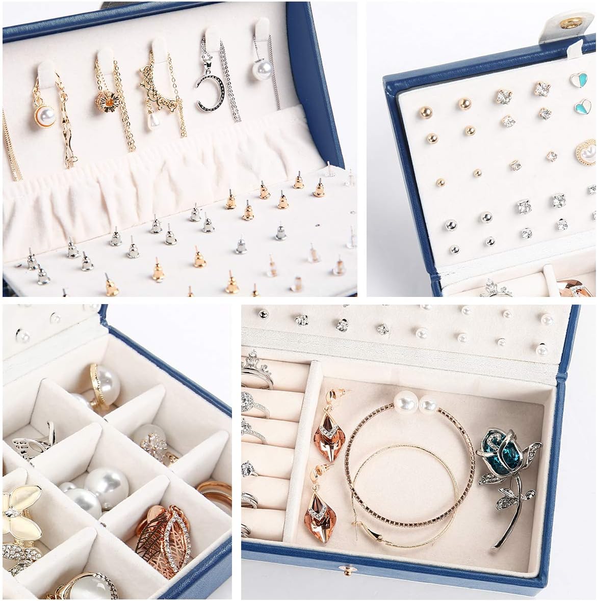 Travel Jewelry Box for Women, JOMARTO Two-Layer Jewelry Display Case PU Leather Jewelry Organizer for Necklace Earring Rings Compact Portable Jewelry Box with Button- Navy Blue: Home Improvement