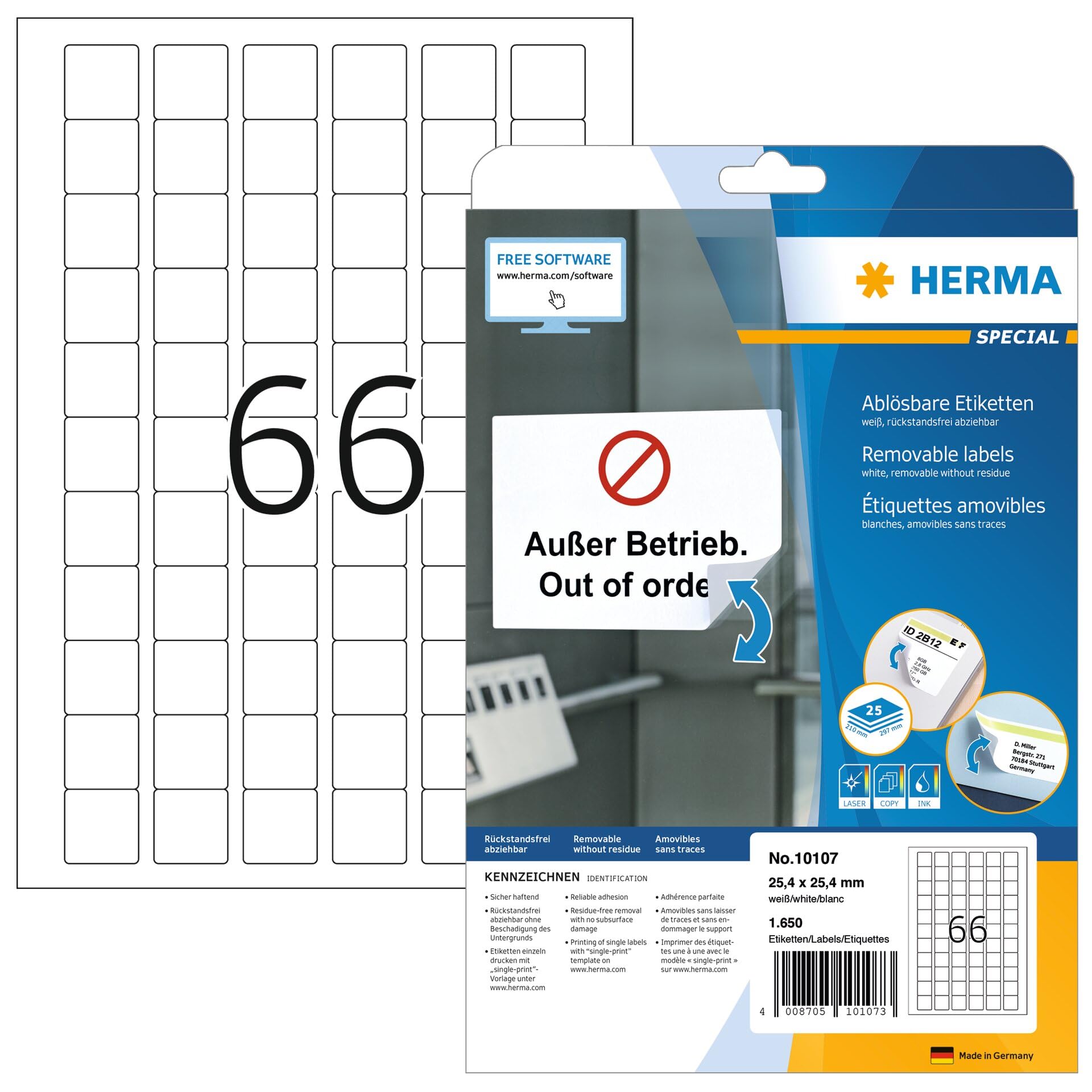 HERMA Self Adhesive Removable Labels, 66 Labels per A4 Sheet, 25 Sheets, 25.4 x 25.4 mm, 1650 Labels, Blank Multipurpose Labels Stickers, Sticky Labels for Laser & Inkjet Printer, White