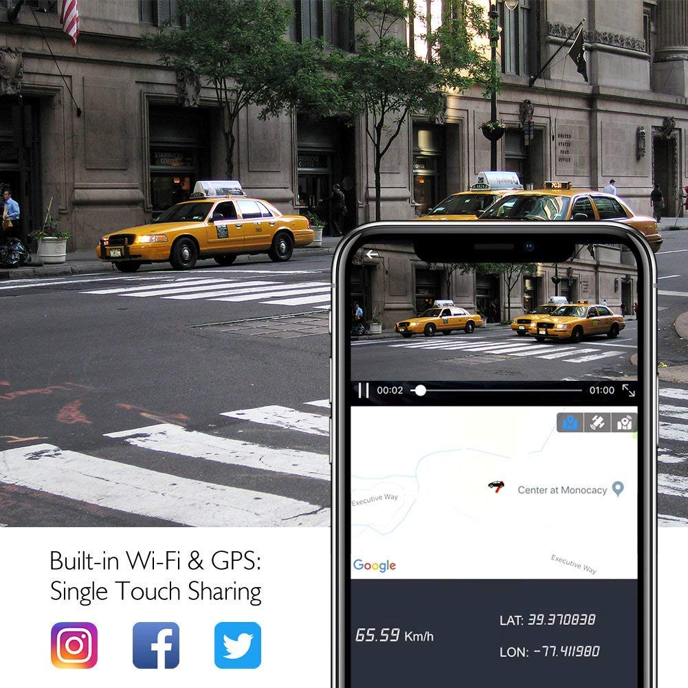 AKASO Dash Cam Dashboard Recording Camera V1 Car Recorder with Sony Sensor, 1296P FHD, GPS, G-Sensor, WIFI with Phone APP, Night Vision, Loop Record, Parking Monitor, 170°Wide Angle, with 16GB Card