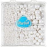 White Pearl Sprinkles for Cake Decorating, 4 Sizes Edible Sugar 130g | 4.6oz Pearl Sugar for Cupcake, Ice Cream, Donuts, Macaron Toppings Supplies (2mm, 4mm, 7mm, 1cm)