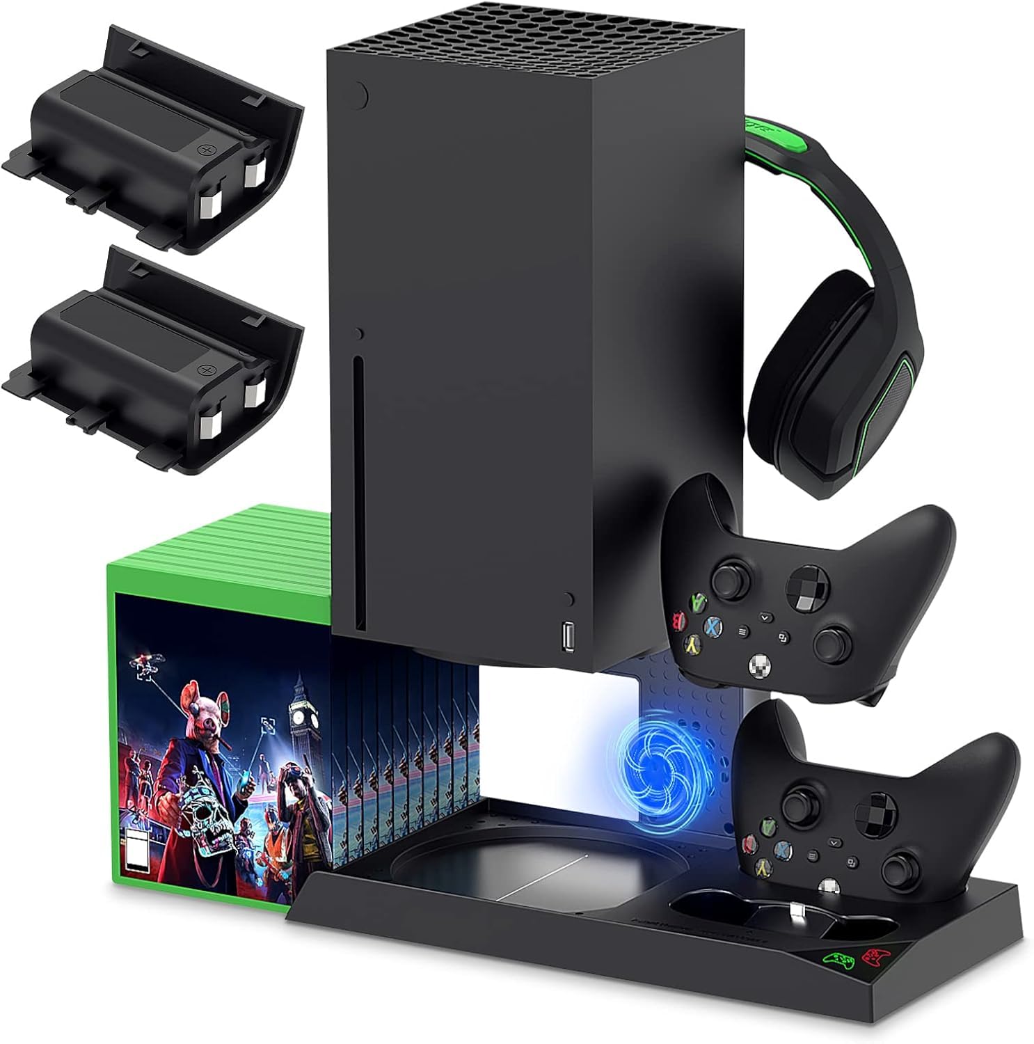 YUANHOT Vertical Cooling Stand Charging Station for Xbox Series X Console & Controller, Fan Cooling System for Xbox Series X Accessories with 1400mAh Rechargeable Battery, Headset Holder, Disc Storage