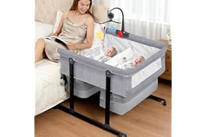 Jestonten Twin Bassinet with Music Toys & Mosquito Net, Foldable Twin Bassinet for 2 Babies with Storage Basket & Carry Bag, 