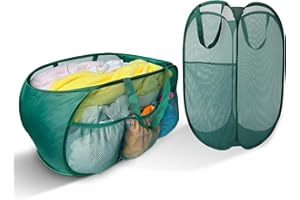 NAIRSNOW Collapsible Laundry Basket 2 pack, Mesh Pop Up Laundry Hampers with Handles, Anti-tear, Light Breathable, Odor-free, Fold Compact, Large Hold Portable Travel Laundry Bag for Home Bin, Green. H+V