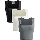 OLCHEE Womens 3 Pack Crop Tank Tops Seamless Ribbed Square Neck Tapered Shoulder Strap Sleeveless Workout Top Summer Shirts