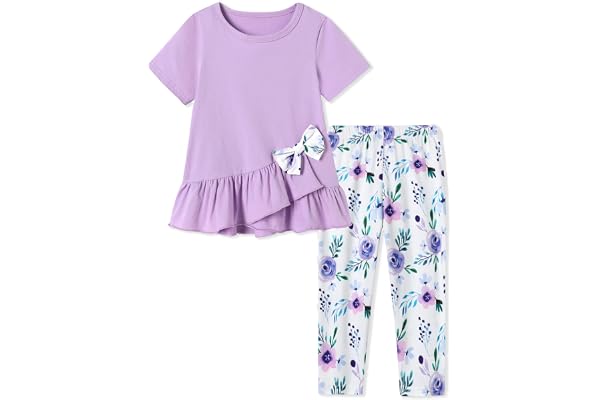 SOLOYEE Toddler Girl Clothes 2-8Y Girls Outfit Short Sleeve Ruffle Bowknot Top+Floral Capri Pants 2Pcs Spring Summer Set