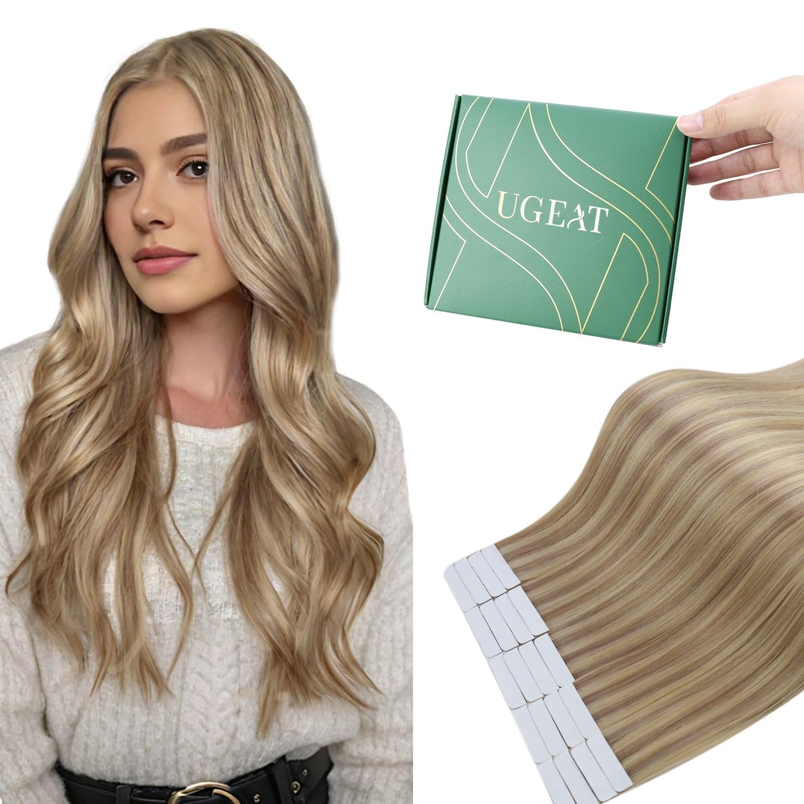 Ugeat Tape in Hair Extensions Human Hair Golden Blonde 14 Inch Human Hair Tape in Extensions Dark Ash Blonde Highlight for Wedding 40G 20Pcs #16/22 — image 1