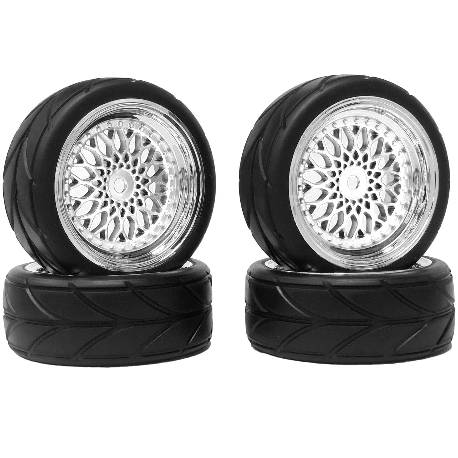 KINGCOO RC Car Tyres and Wheels Set, 4PCS 64mm Rubber Tires and Plastic 6Spokes Wheel Rims Set 12mm Hex for 1/10 RC On Road Run-flating Racing Drift Touring Car Tyre (Y-Silver)