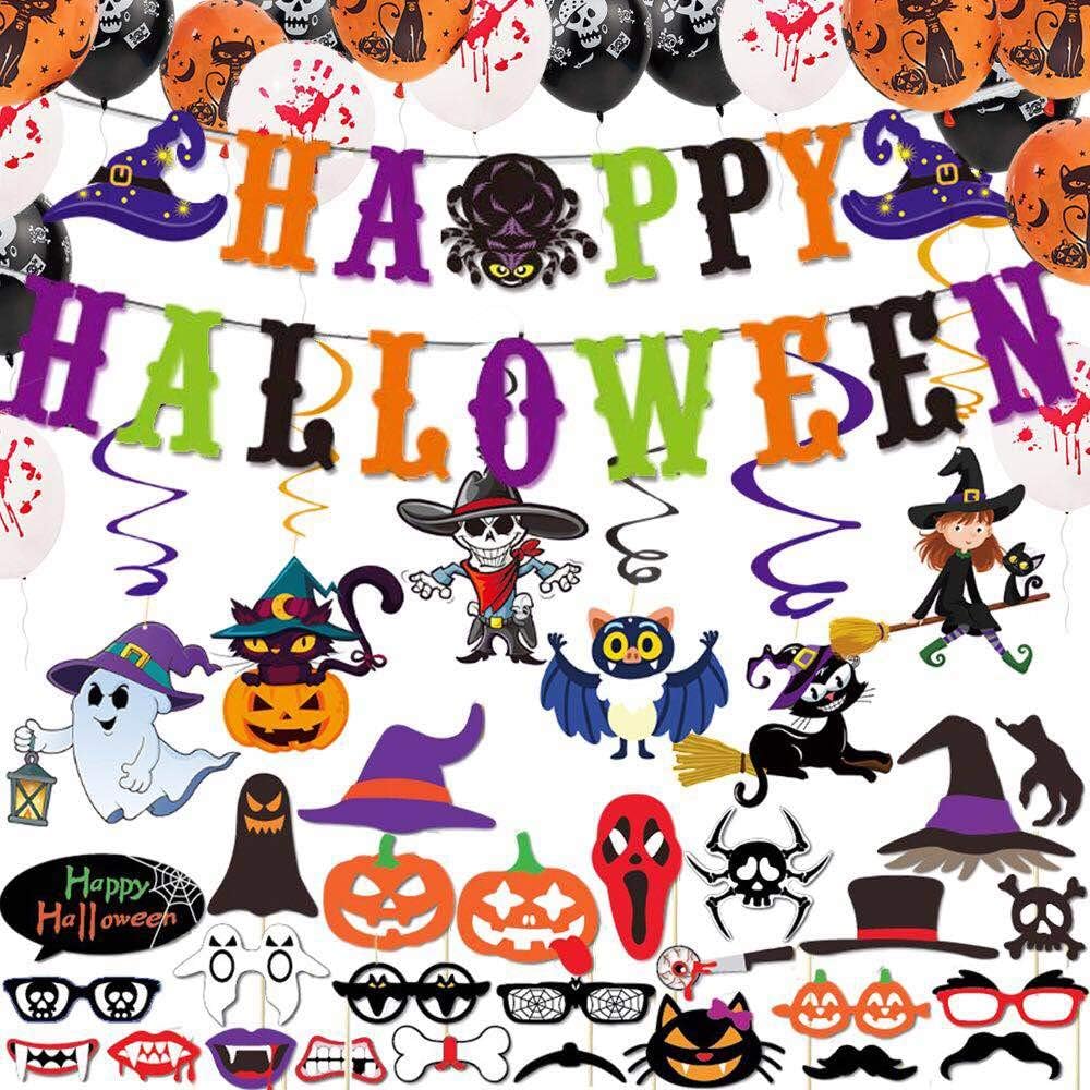 Halloween Party Decoration Supplies, Happy Halloween Banner, Halloween Hanging Swirls, Latex Balloons,Photo Props, Halloween Theme Party Supplies for Halloween Decor