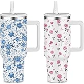 FOLAI 2 Pack 40oz Insulated Tumbler with Handle, Straw ＆ Flip Lid, 100% Leak-Proof Stainless Steel Double Wall Vacuum Cup - 24H Cold ＆ 10H Hot, Cup Holder Friendly Travel Tumbler | Blue ＆ Pink Floral