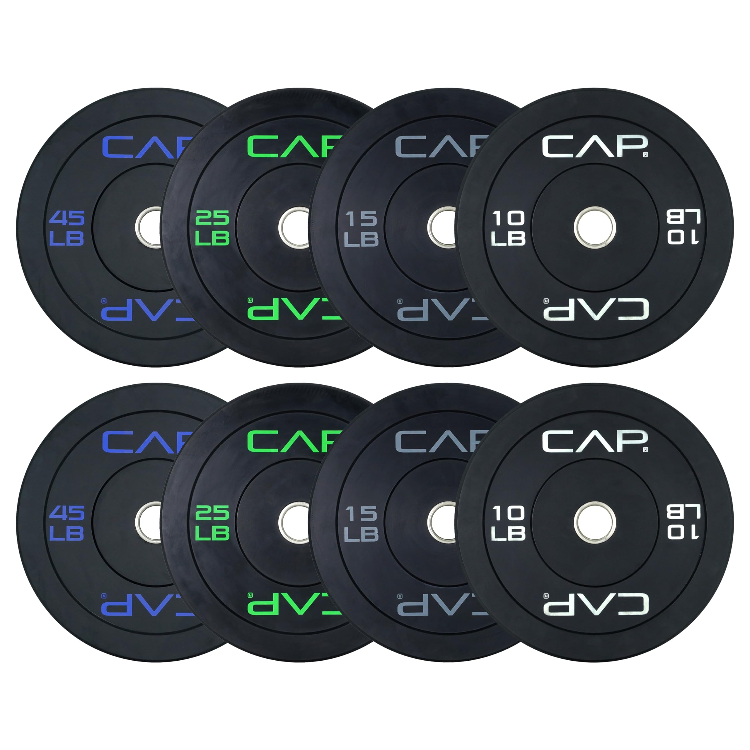 View 1 of ****15 pound plate set only**** CAP Barbell 190 LB Economy Olympic Bumper Plate Set with Color Logo | Black
